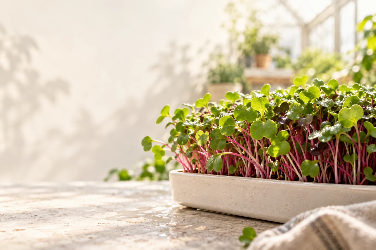 Fresh radish microgreens with green leaves and delicate pink stems.
