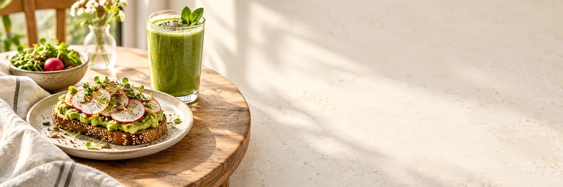 Avocado toast & a green smoothie in morning light