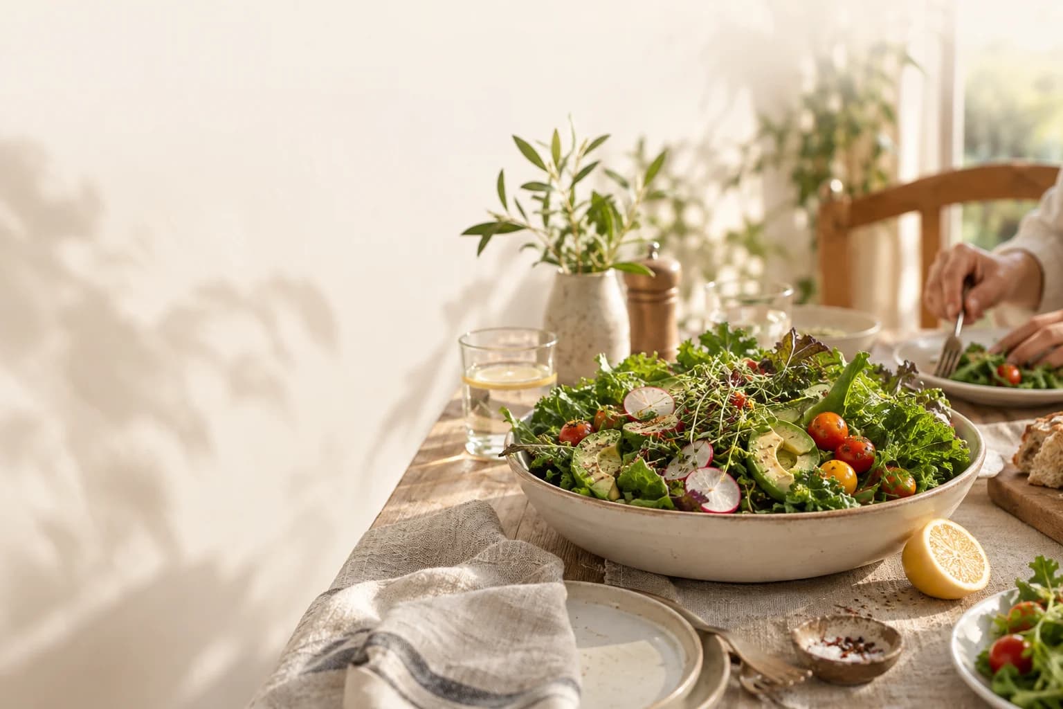A fresh colourful salad and plates set for a shared lunch.