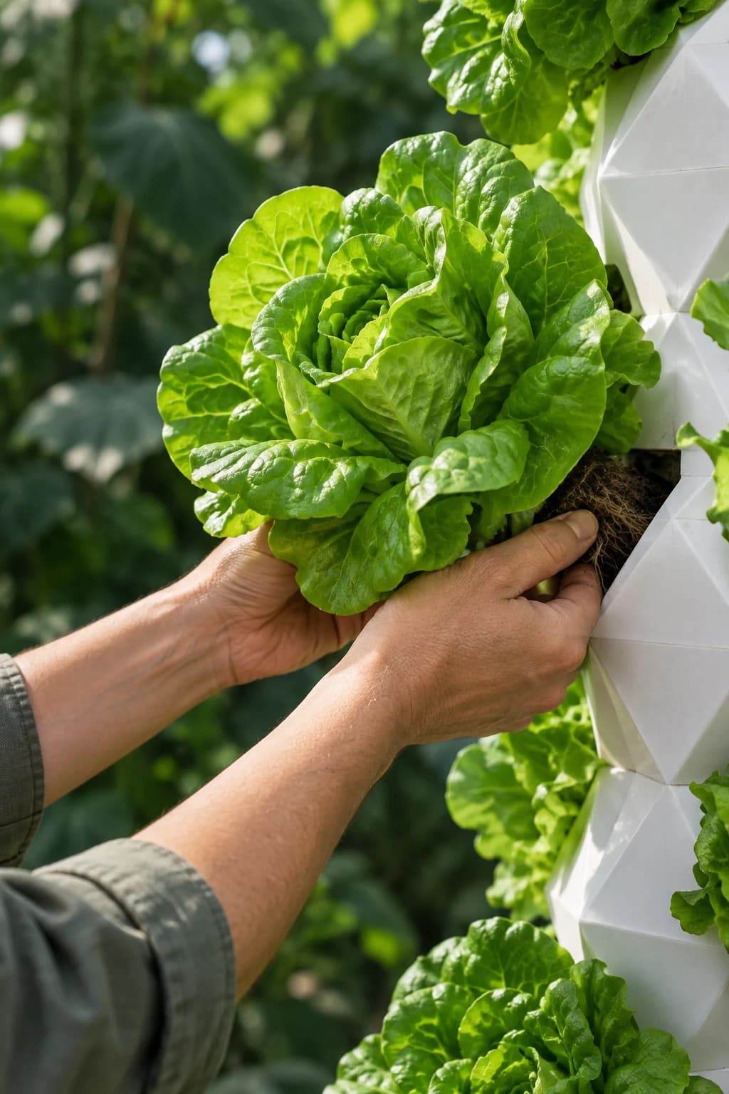 Hands harvesting fresh lettuce from an aeroponic tower