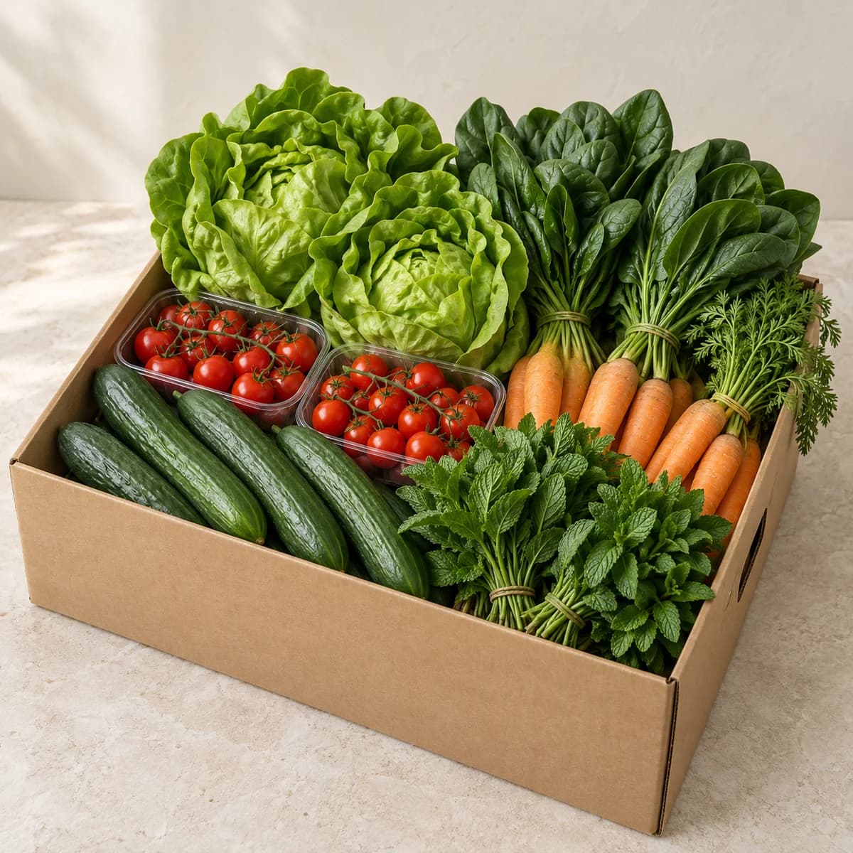 Dual box with lettuce, spinach, tomatoes, cucumber, carrots and mint