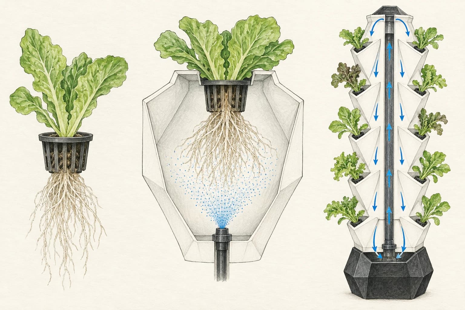 Hand-drawn studies of a seedling cup, roots receiving nutrient spray & an aeroponic tower water loop