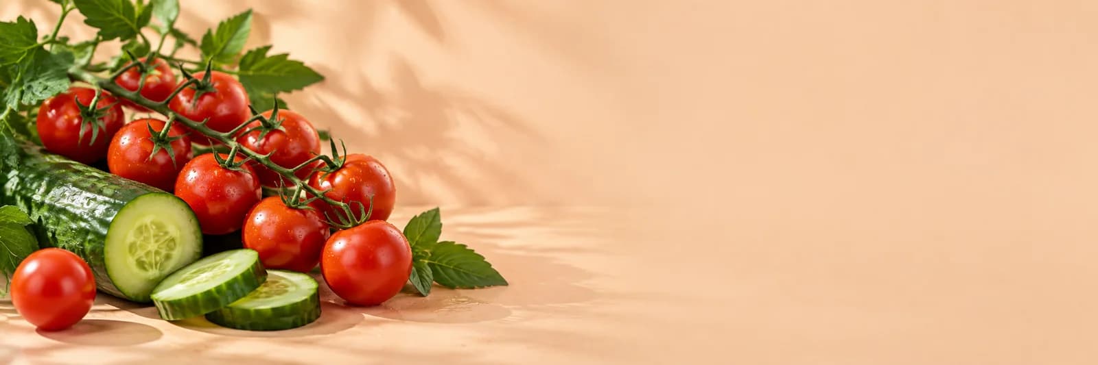 Tomatoes & cucumber on a warm peach background
