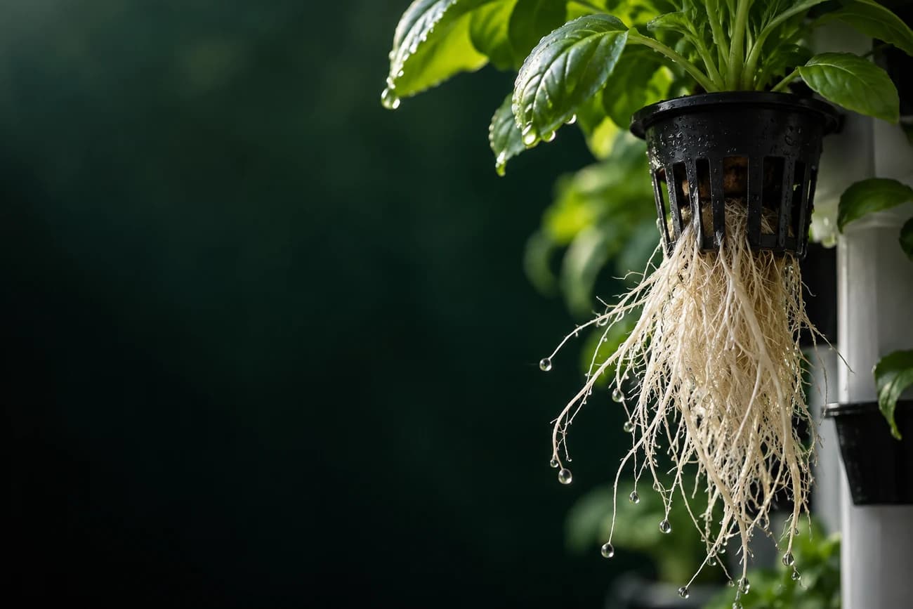Fine pale roots hanging below a seedling growing cup